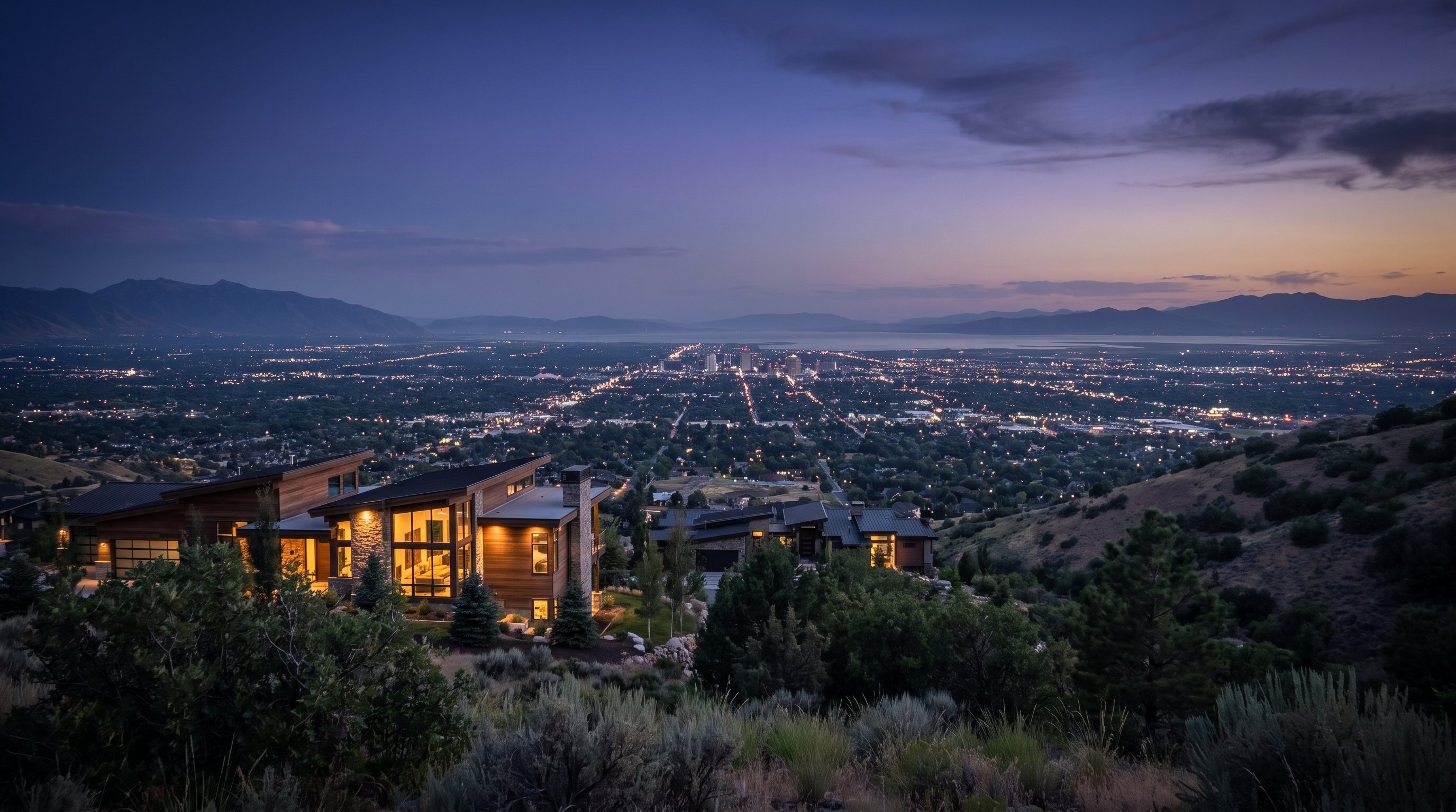 Blue hour view from the east bench above Salt Lake City. Modern hillside homes glow in the foreground while the valley grid lights up below, the downtown skyline small in the distance and the Oquirrh Mountains on the horizon.